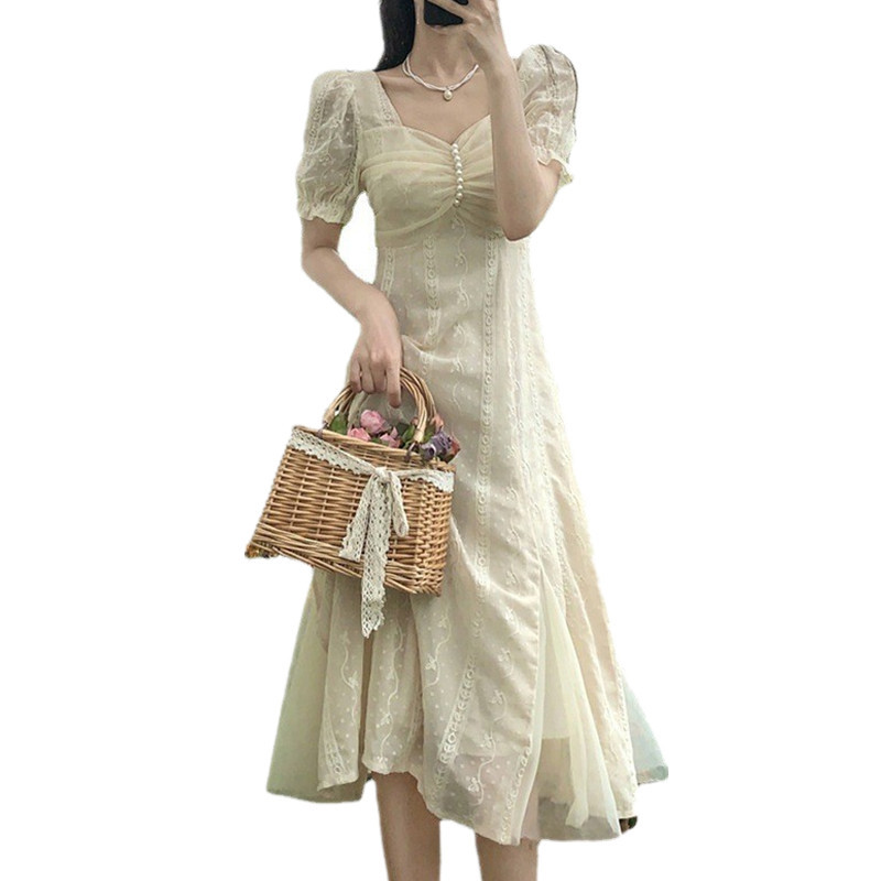 

Tea Buck French Dress Summer Women' Patriotic Pioneer Skirt Retro Gentle Chico Skirt Fairy Super Fairy Mori, Light tan