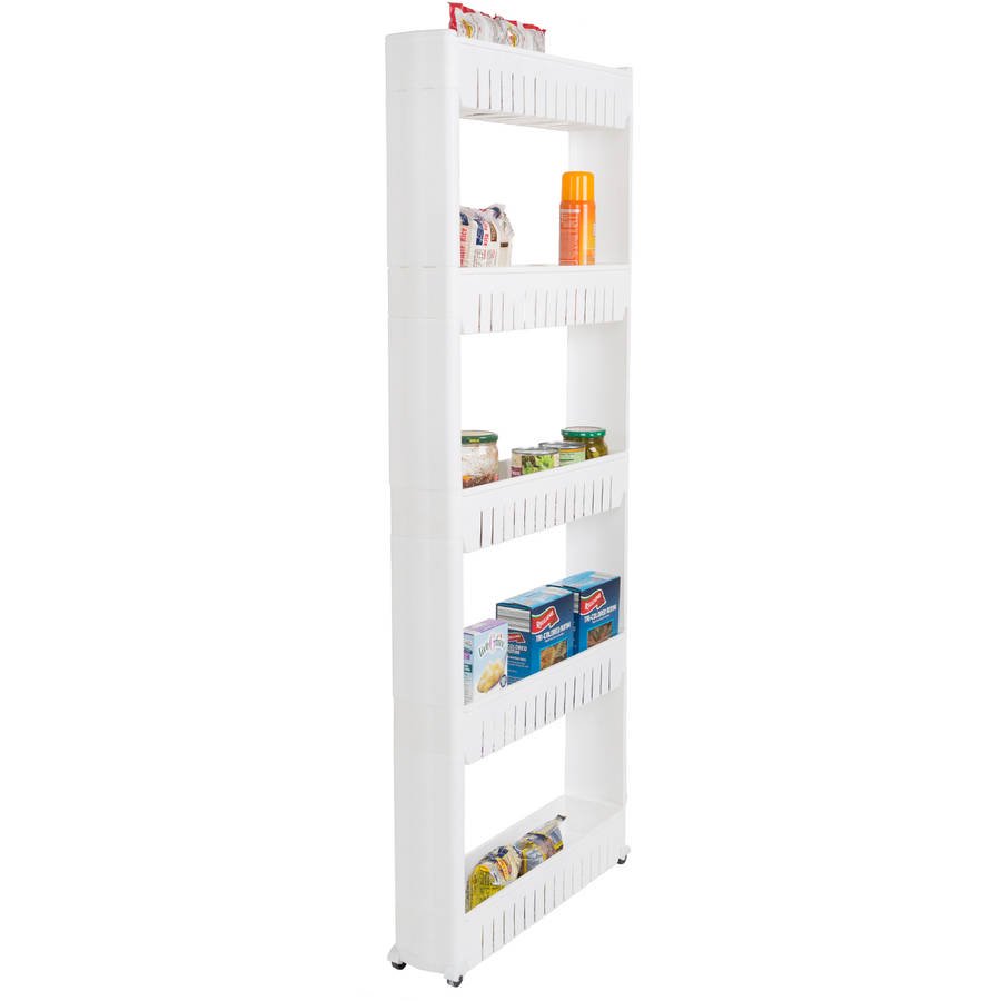 Slide-Out Pantry Storage Rack - 5-Tier White Plastic Pantry Organization and Storage Rolling Cart With Baskets for Narrow Spaces by Lavish H-image-875827671