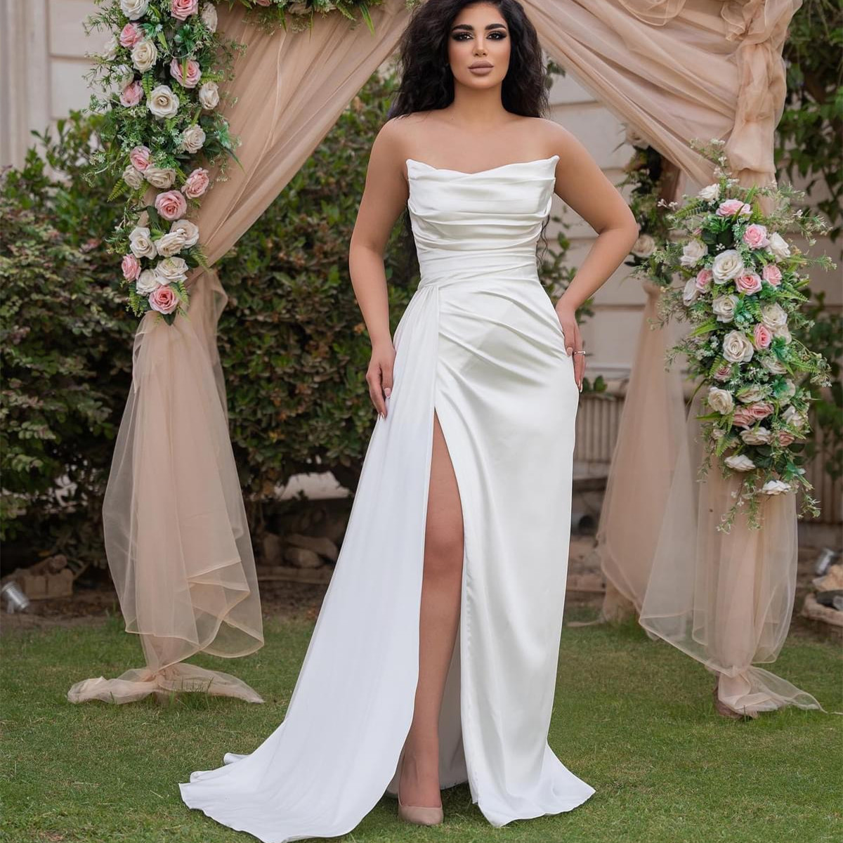 2023 Aso Ebi Simple Sheath Prom Dress Strapless Satin Evening Formal Party Second Reception Birthday Bridesmaid Engagement Gowns Dresses Robe De-image-875819733