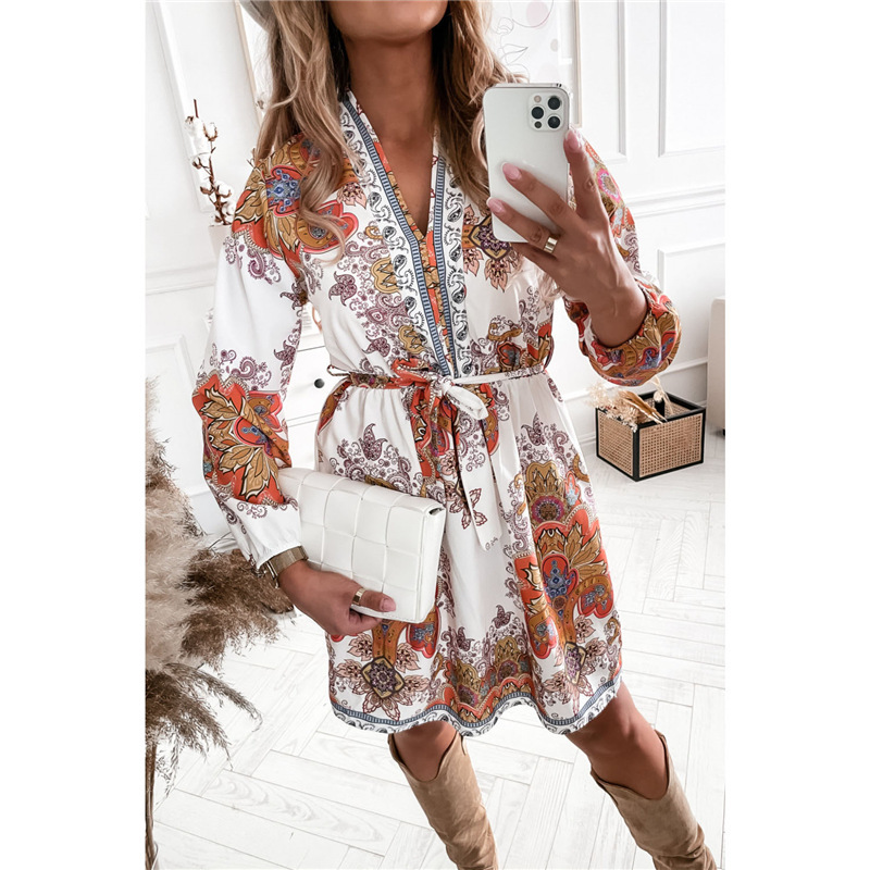 

Casual Dresses Vintage Pattern Printed Boho Long Dress Women Sexy Deep V Neck Split Maxi Summer Short Sleeve Pocket Beach Vestido, White