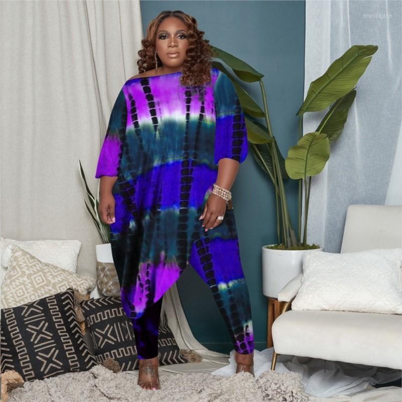 

Women's Two Piece Pants 2 Women Matching Set Spring Tie Dye Print Loose Shoulder Irregular Tops And Tight Trousers Casual Tracksuit Outfits, Purple