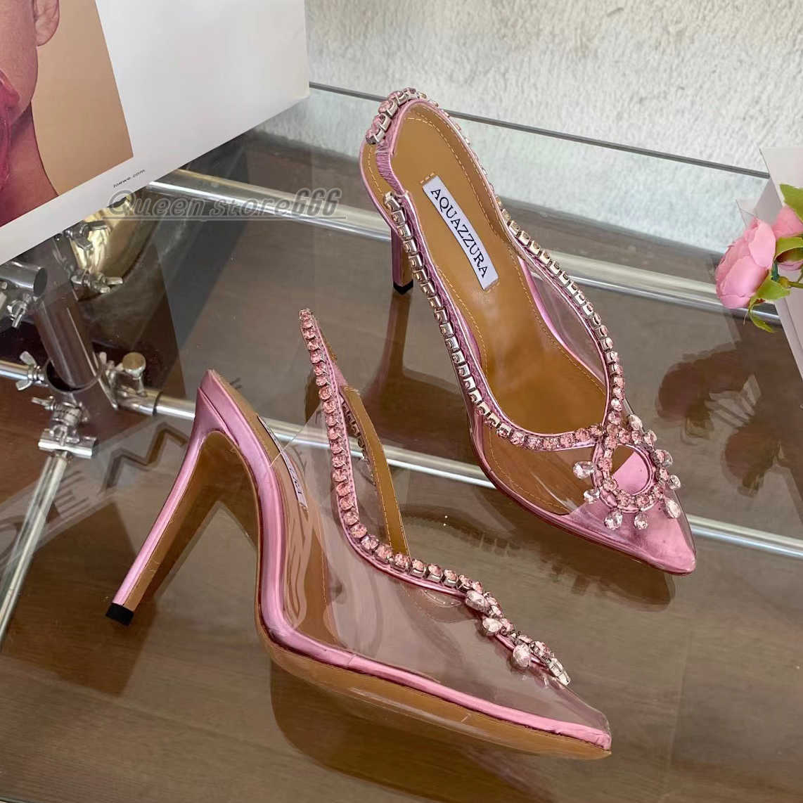 

Aquazzura Fashion Sandals Designer stiletto Heel Rhinestone Banquet Shoe 10.5CM Wrap Toe Slide Slippers Casual PVC Transparent Women Elastic band Dress Shoes, Black