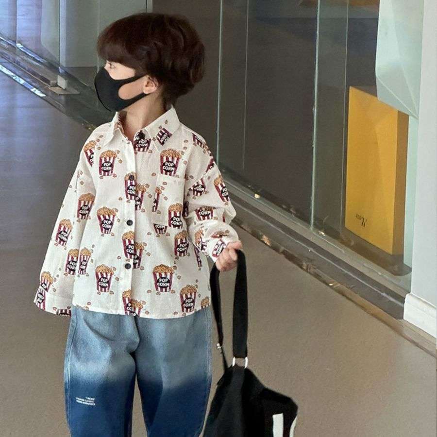 

Children's Shirt Loose Boys' Top Spring New Fashion Print Design High Quality Cotton Fabric Easy and Comfortable Outdoor Casual Style Baby 2 to 14 Years Old, White