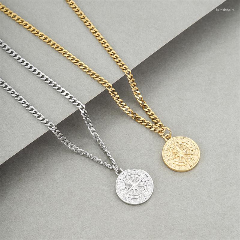 

Pendant Necklaces Vintage Gold Silver Color Compass For Men Waterproof Stainless Steel Round Coin Rock Punk Male Collar Gift
