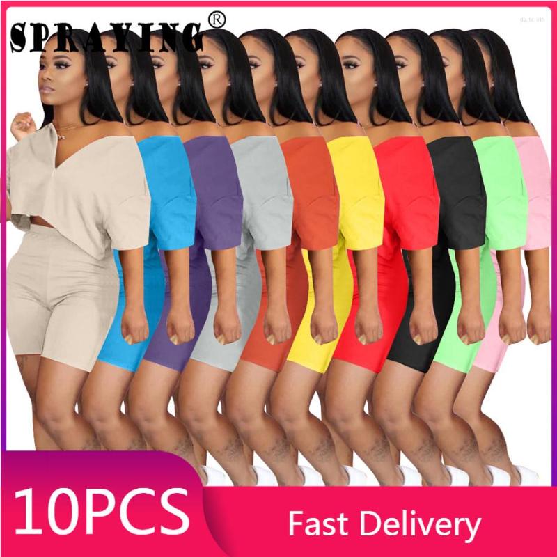 

Women's Tracksuits 10sets Wholesale Items For Boutique Women Clothing Two Piece Set Solid V-neck Short Sleeve Fashion Casual S3646_1, Purple