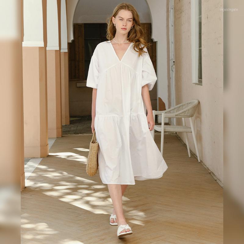

Party Dresses Cotton Women's Dress Summer Sexy V-Neck Lantern Sleeve Ruffles Holiday Beach Long Maxi Midi Robe, White
