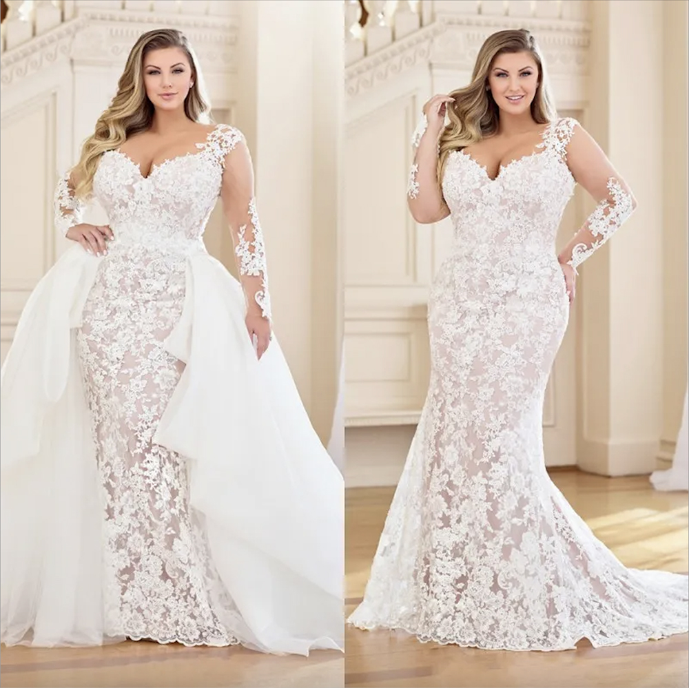 

Stunning Plus Size Mermaid Lace Wedding Dresses With Detachable Train Long Sleeves Bridal Gowns Sweetheart Neck Trumpet Vestidos De Novia, Dark red