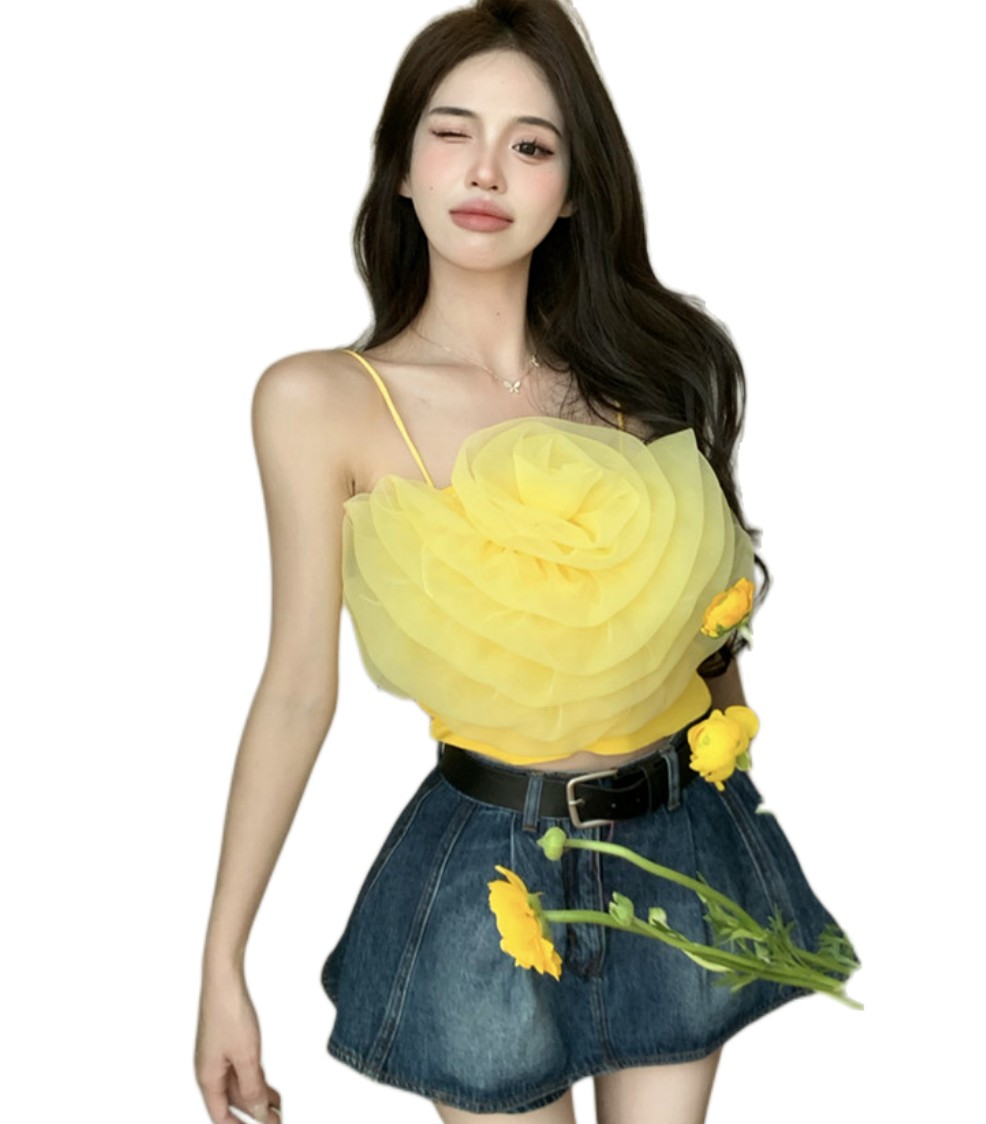 

Women' sexy spaghetti strap 3D big flower gauze short tanks camis SML, Pink