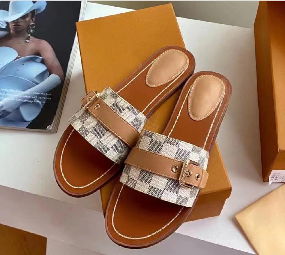 

Women Designer Lock It Flat Mule Slippers Luxury Genuine Leather Slides Summer Flats Flip Flops Black White Blue Slides Size US 4-11