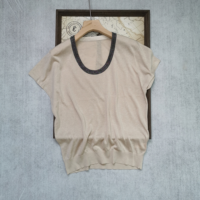 

womens t shirts Brunello Cucinelli Womens Short Sleeve Sweaters U Neck Chain Bat Sleeve Pullover, Beige