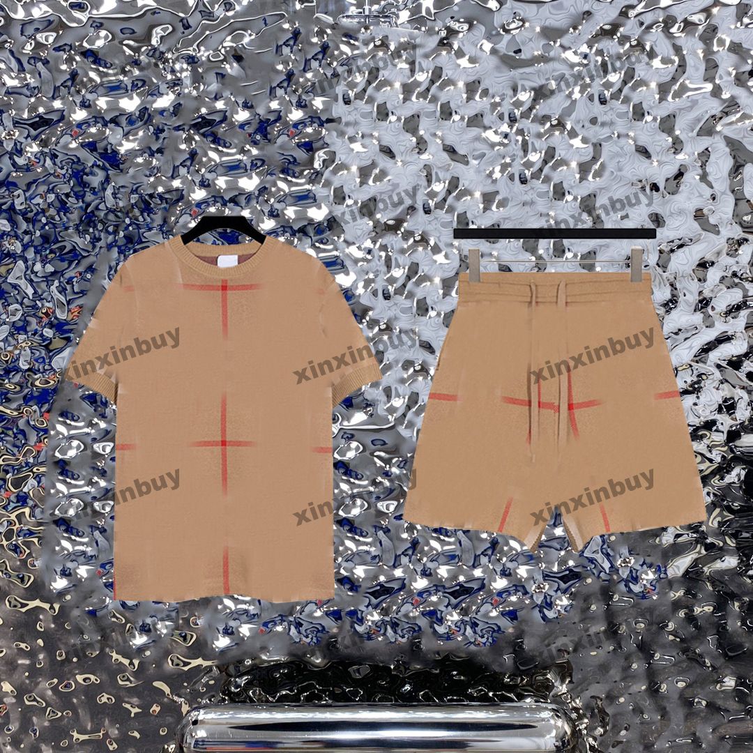 

xinxinbuy Men designer Tee t shirt 23ss plaid pattern Knitted short sleeve cotton women white black blue brown S-2XL, 03