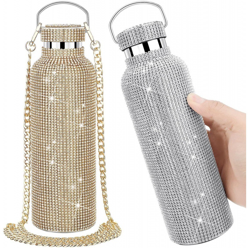 

350ml/500ml/750ml Diamond Thermos Bottle Insulated Rhinestone Vacuum Cup Stainless Steel Flask Bottle Drinking Kettle with Chain, White