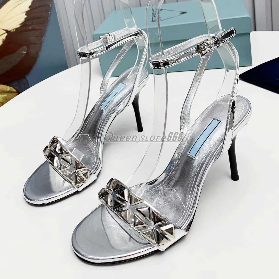 

High quality High heel sandals designer dress shoes Rhinestone luxury women classic triangle buckle decorative ankle strap 8.5cm stiletto shoes