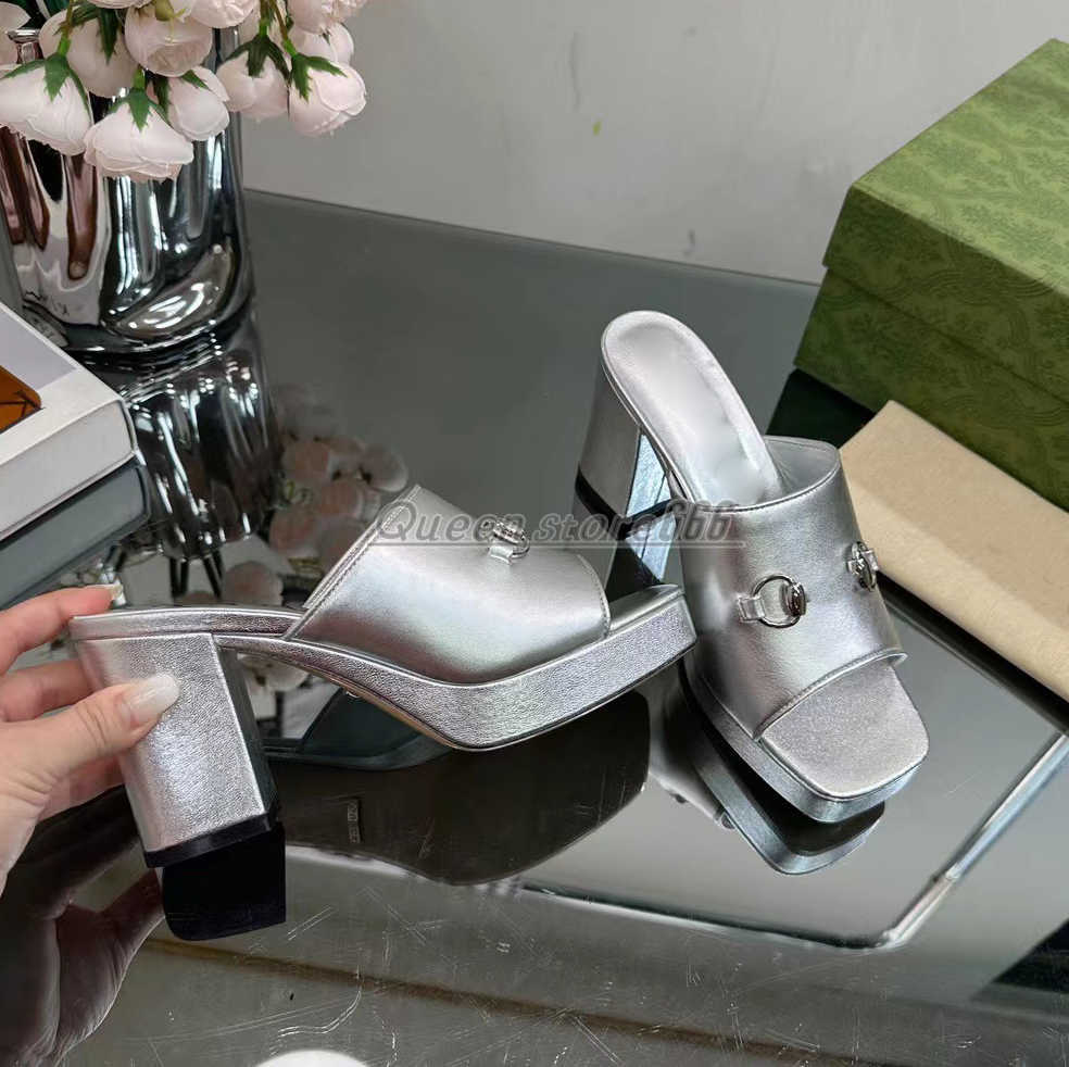 

Thick Heel Fashion Slippers Designer Casual Thick shoes Sole Platform Women Sandals Genuine Leather Open Toe Square Toe Metal Buckle Decoration 8.5cm High Heels, Gold