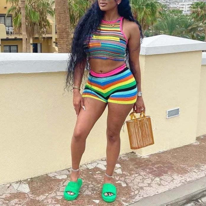 

Women' Tracksuits Gotoola 2023 Summer Women' Clothes Versatile Color Matching Knitted Round Neck Vest Top Small Shorts Set Clothing, Multicolor