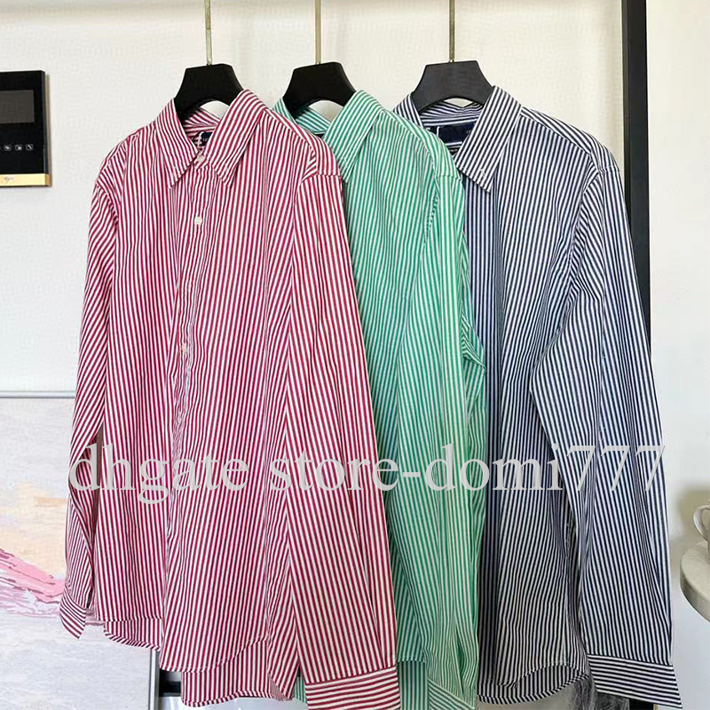 

Fashion Embroidered Logo Women' Blouse Vertical Stripe Shirt Lapel Neck Long Sleeved Shirts, #1 green