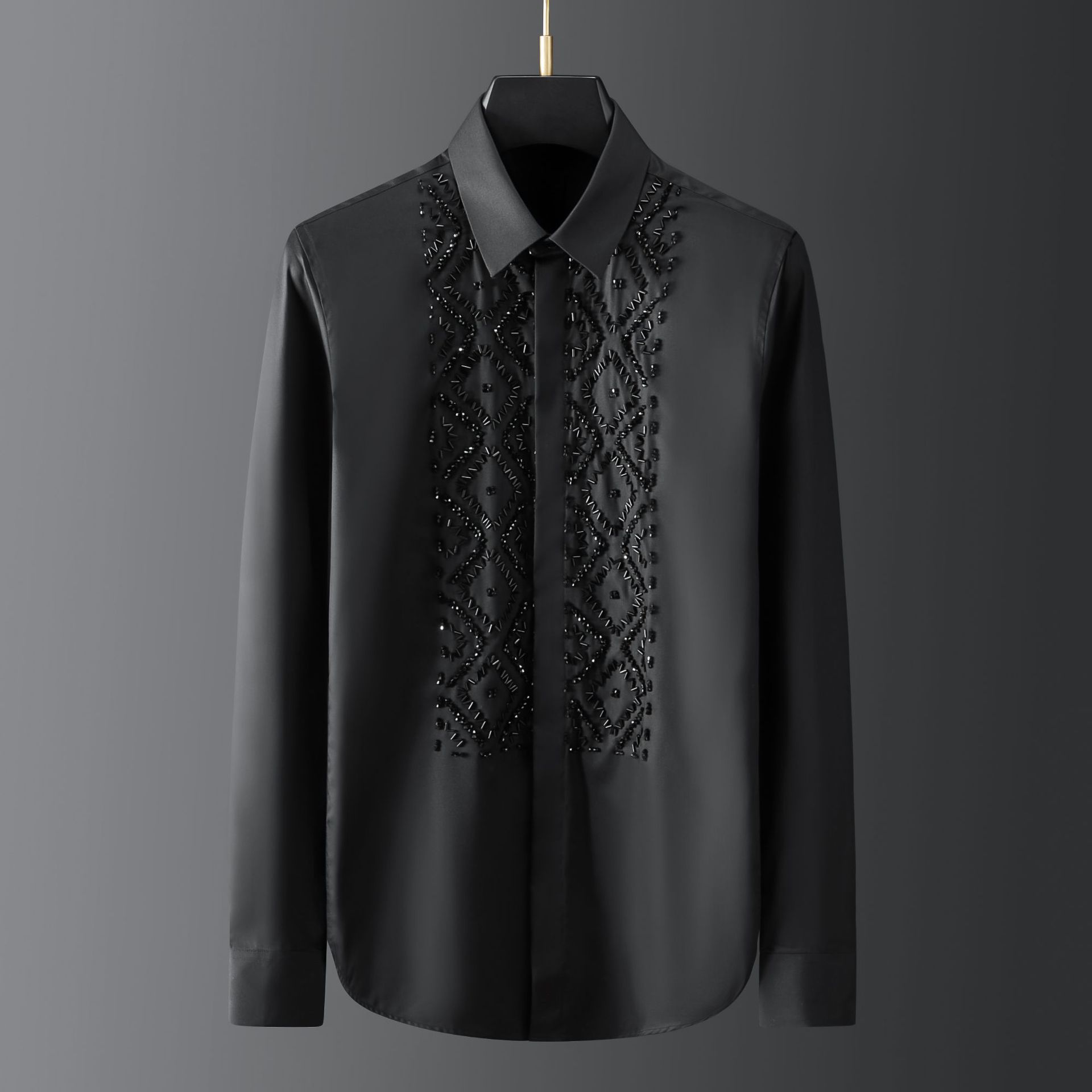 

Men's Dress Shirts Handcrafted Black Elegant Geometric Metal Stone Beaded Sewn Men's Shirt Long Sleeve Light Luxury Design Feel Shirt