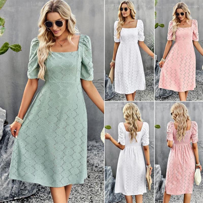 

Party Dresses Elegant Woman Solid Square Collar Dress 2023 Summer Fashion Simple Casual Temperament Hollow Out Slit Long, White