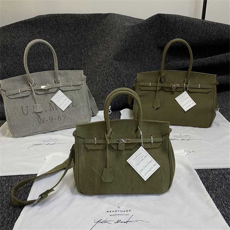 

BagsH Family Brand Brand Birkins Designer Handbag Readymade brikin canvas washing water used military green postal cloth sizeqq with logoqq, 45cm cement ash