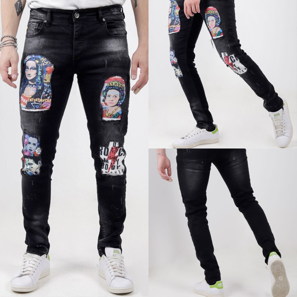 

GODLIKEU Designer Street Jeans Printed Black Fashion Slim Skinny Denim Pant Trouser