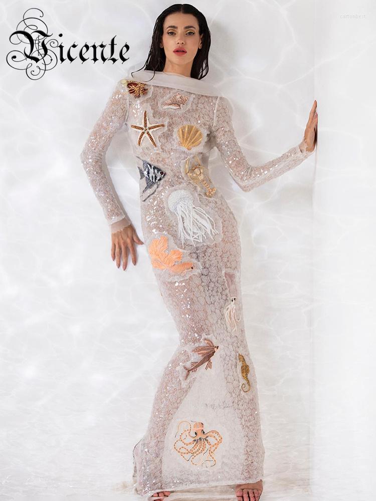 

Casual Dresses VC Mesh Sequins White Maxi Dress Women Sexy Backless Starfish Decoration Long Sleeve Elegant Party Summer 2023