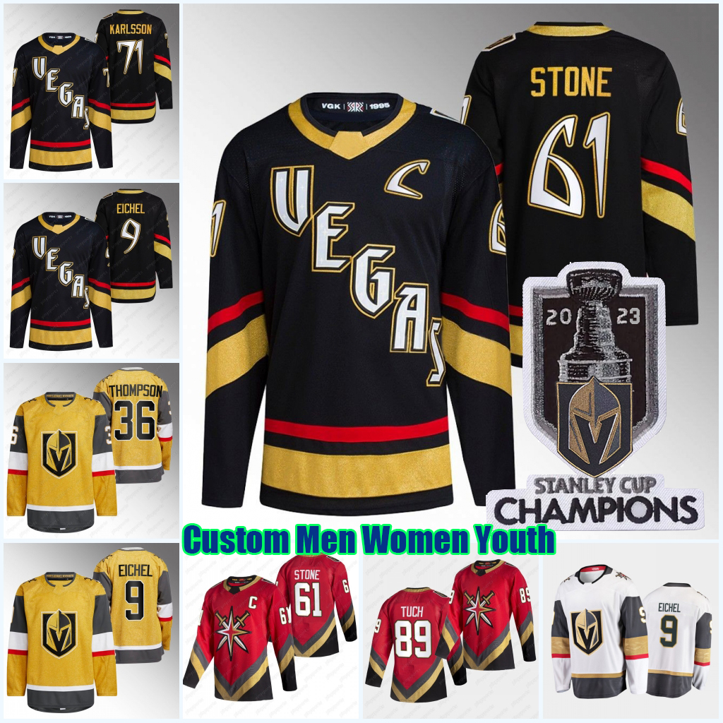 

2023 Stanley Cup Champions Vegas Jersey #61 Mark Stone 81 Jonathan Marchessault 9 Eichel 71 William Karlsson Mayo Pietrangelo Stephenson Nicolas Roy Golden K night, White 2019-20 away mens s-xxxl