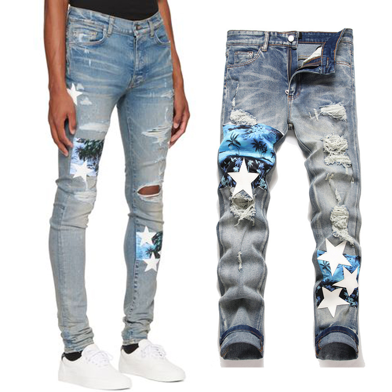 

Men's Embroidery Patch Biker Jeans Slim Fit Motocycle Casual Denim Trousers Man, Am-3219