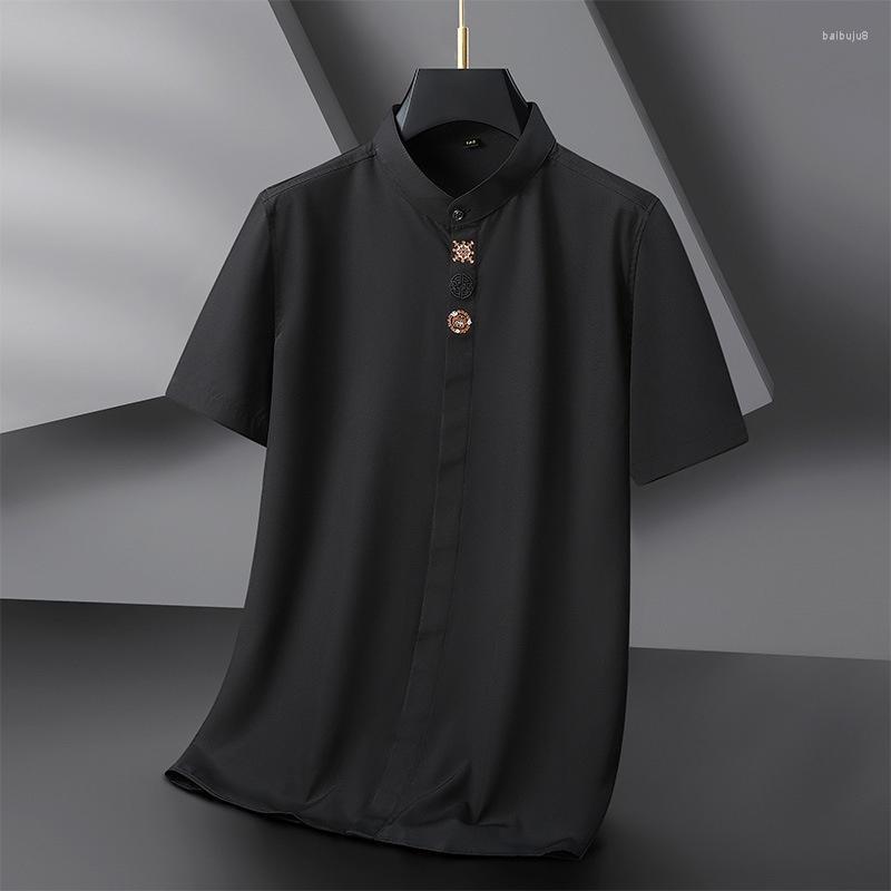 

Men's Casual Shirts Chinese Style Stand Collar Embroidered Plus Size Men's Short-Sleeved Shirt Loose, Black