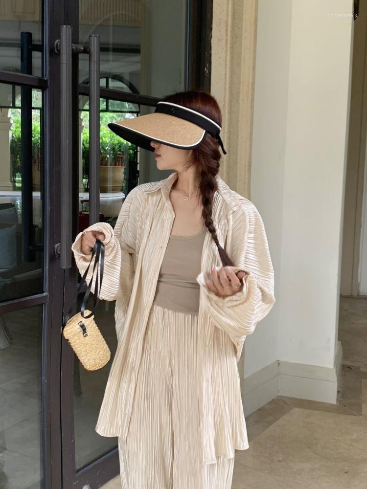 

Women's Two Piece Pants Casual 2 Sets Women Outfit Summer 2023 Pleated Sunscreen Shirt High Waist Wide Leg Pant In Matching Set, Picture color set