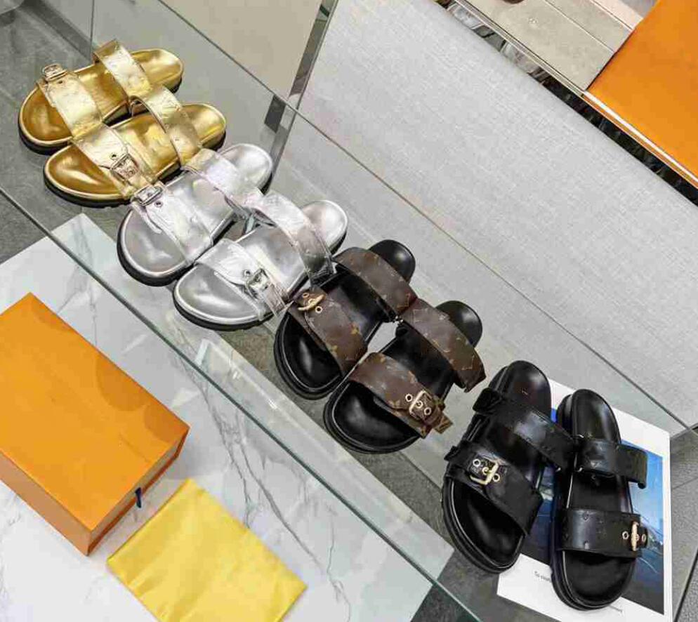 

Women Designer Bom Dia Flat Comfort Mule Slippers Luxury Leather Treaded Rubber Outsole Brown Beach Summer Sandals With Box