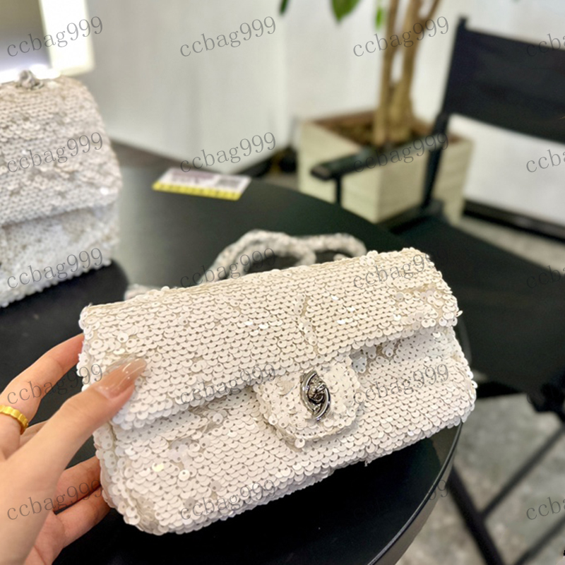 

Womens Shoulder Bag Super Flash Sequin Clamshell Silver Hardware Metal Buckle Cf Chain Bags Matelasse Chain Crossbody Purse Luxury Designer Makeup Case 20/25cm, Box