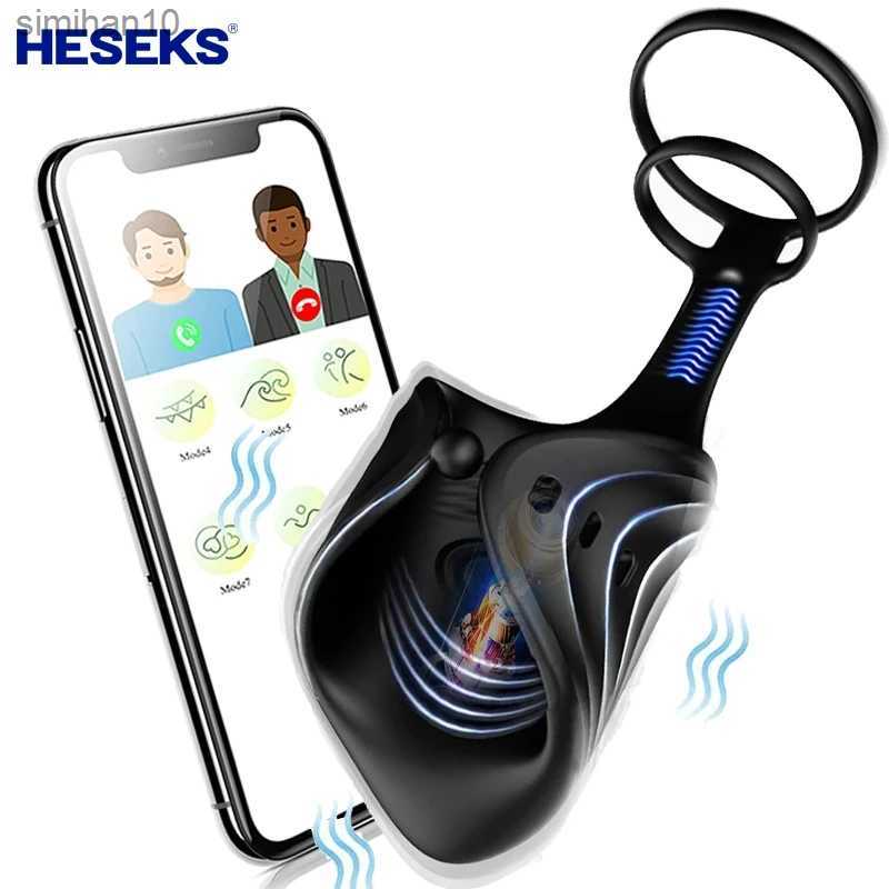 HESEKS APP Remote Penis Training Double Ring Vibrator Male Masturbator Delay Cock Ring Glans Massager Sex Toy For Men L230518-image-876031642