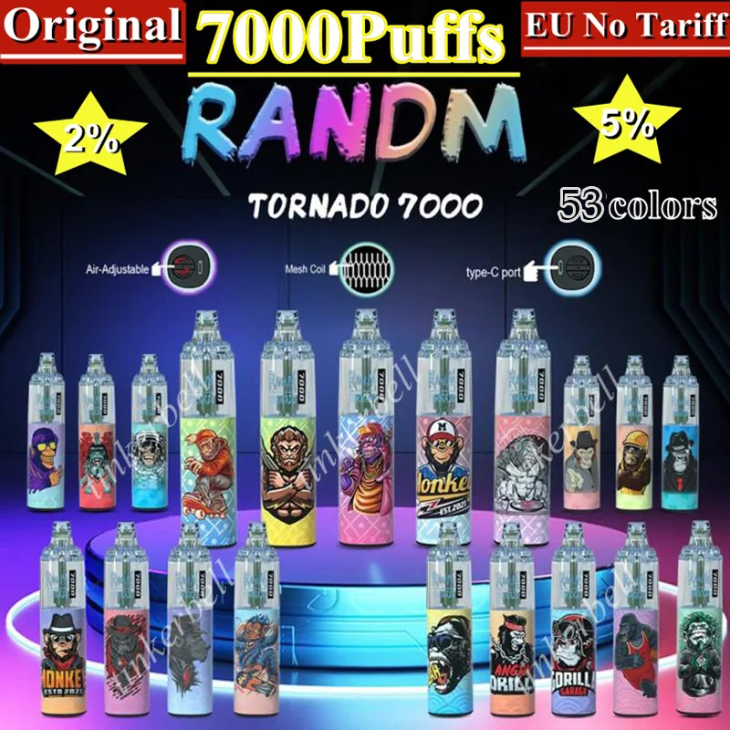 

Original RandM Tornado 7000 Puffs E Cigarettes 2% 5% Disposable Vape 0% 3% Vapes E Cig Puff 7000 14ML Mesh Coil Pod Rechargeable Battery Pen EU Free Duty
