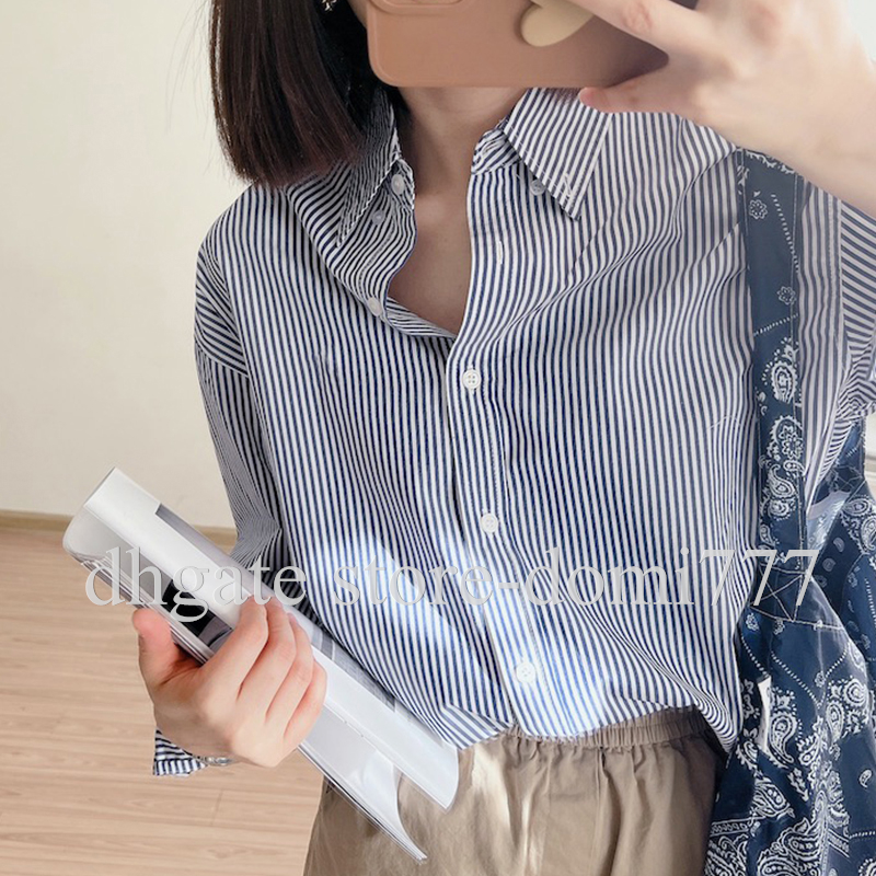 Fashion Embroidered Logo Women's Blouse Vertical Stripe Shirt Lapel Neck Long Sleeved Shirts-image-875510324