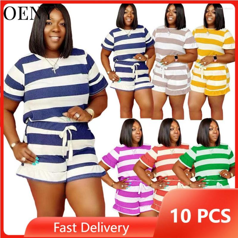 

Women' Tracksuits 10Pcs Wholesale In Matching Sets Women 2023 Summer Striped Printed Ruched Short Sleeve T-shirt Drawstring Shorts O11226, Yellow