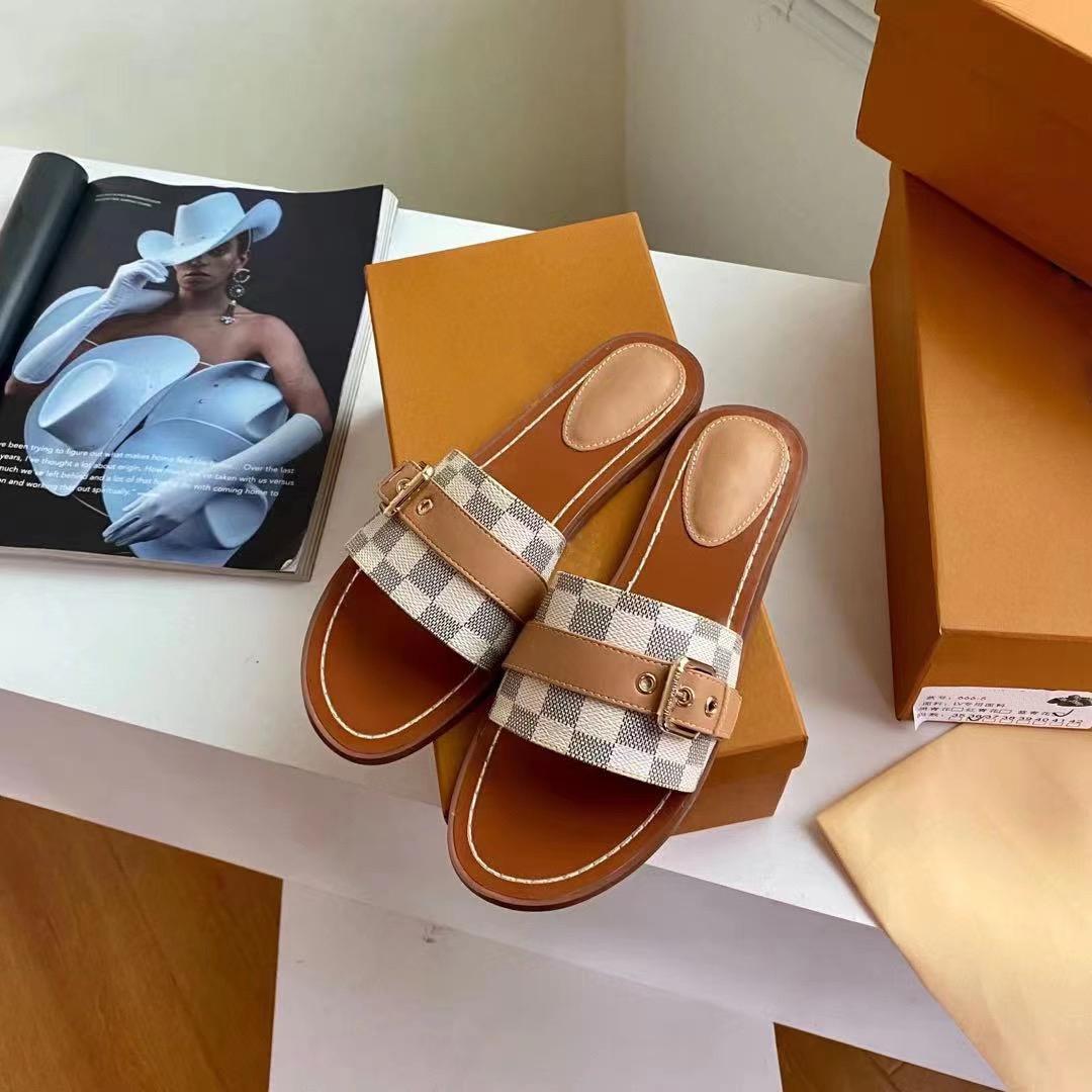

Women Designer Lock It Flat Mule Slippers Genuine Leather Slides Summer Flats Flip Flops Black White Blue Slides Chaussures Size Us 4-11, 10