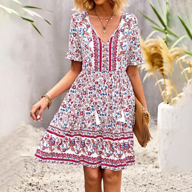 

Party Dresses Women 2023 Summer Fashion V-neck Print Flower Tassels Bohemian Style Beach Elegant Temperament Dress Casual Short, White
