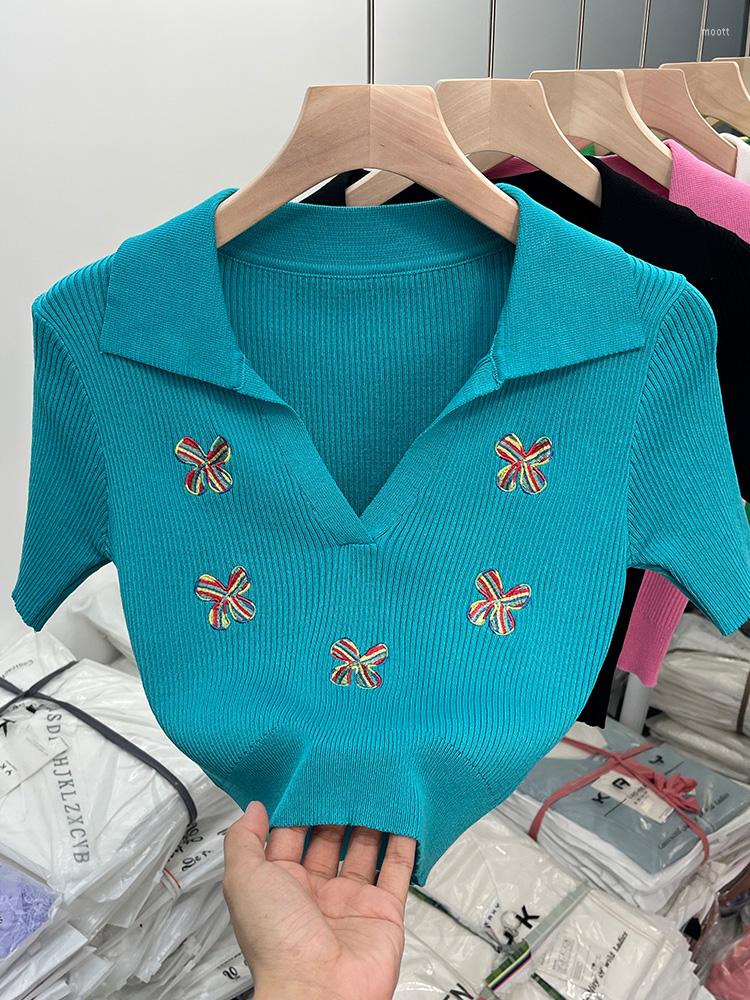 

Women' T Shirts Summer 2023 Women' T-Shirt Korean Girl Y2k Blue Polo Neck Embroidery Fashion Vintage Crop Tops Short Sleeve Top Shirt, Black