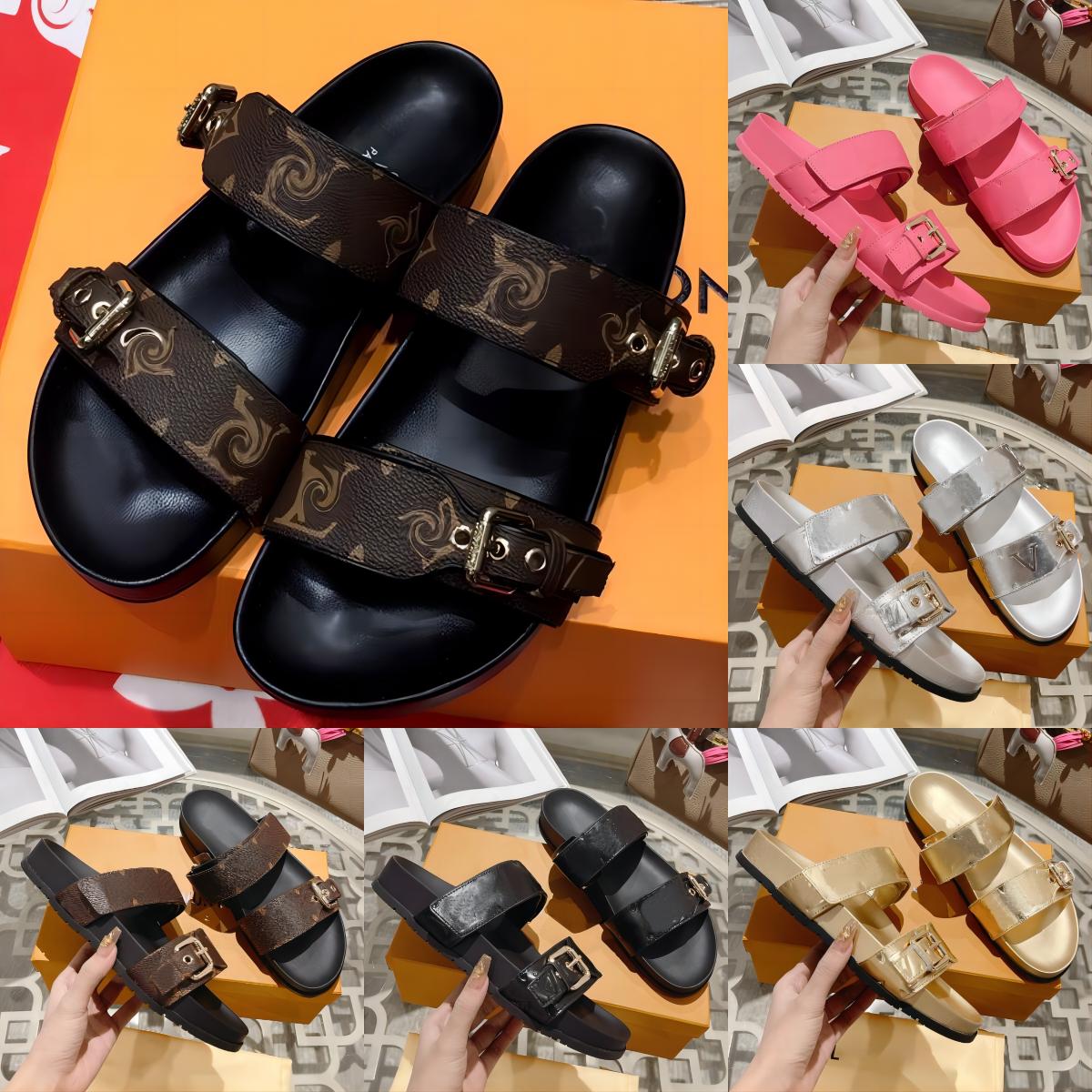 

Designer Women Slides leather Sandal Bom Dia Flat Mule Slipper Patent Canvas Beach Sandals Rubber Soles Summer Flip Flops Fashion top quality EUR 35-46, Color 7