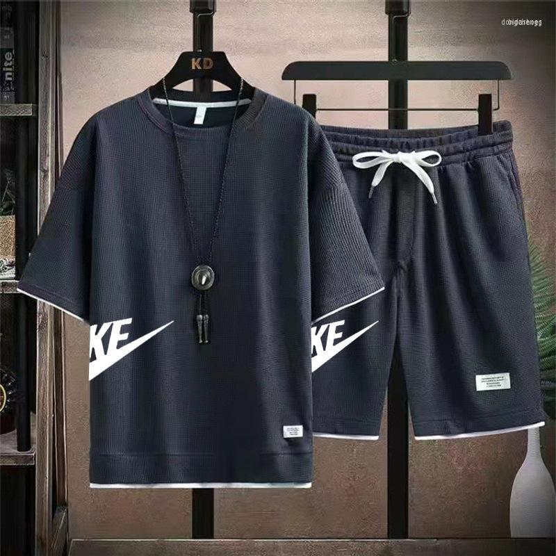 

Men's Tracksuits Men's Waffle Short Sleeve T-shirt Men's Casual Sports Suit Wholesale Summer Loose Fake Two-piece Half Set
