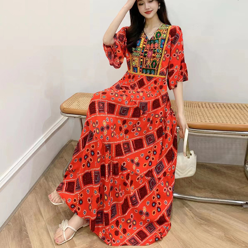 

Summer Ladies Elegant Pattern Printing High Waist Evening Dress Go Skirt Summer Deep V Neck Sleeveless Long Dress Female A-Line, D4