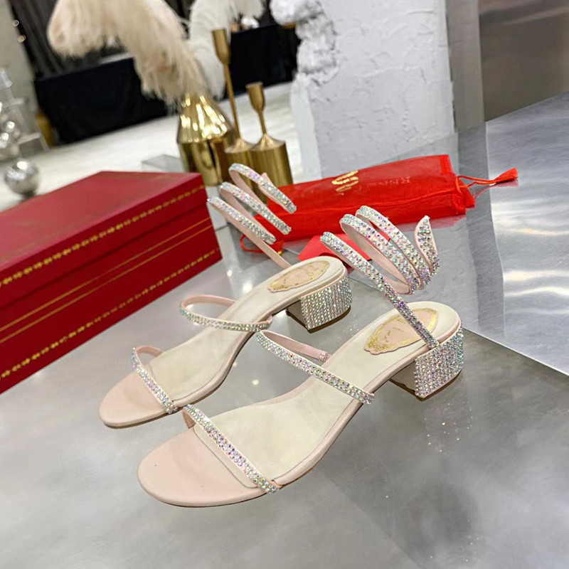 

Rene Caovilla high heels Sandals Luxury Brand Designer Gladiator Shoes Woman Crystal Design Rhinestone Sandal Women Cleo Cross Tied Factory Footwear Chunky Heel, As pic 4.5cm