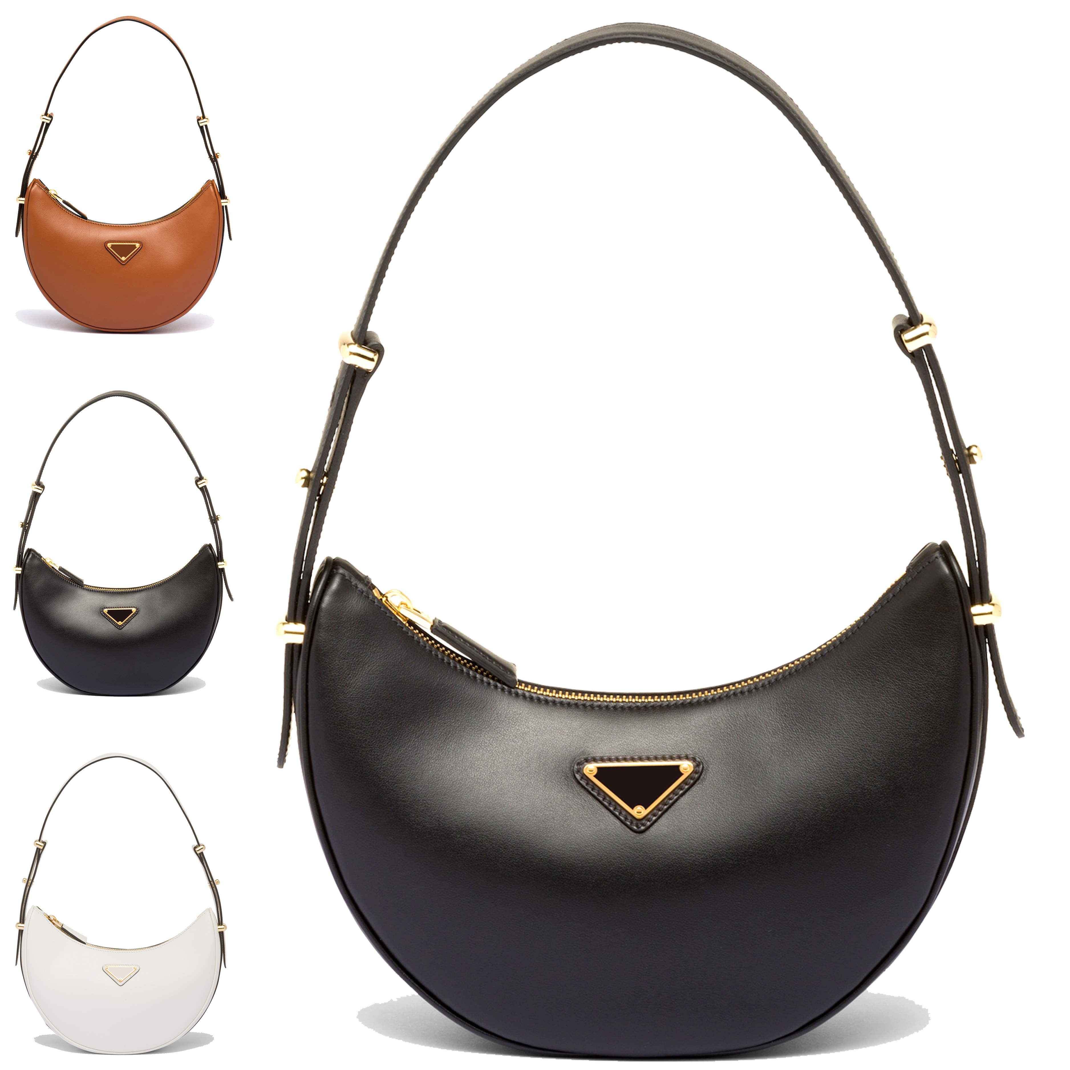 

women Genuine Leather triangle cosmetic half moon bag prad designer shoulder underarm bag Luxury white crossbody hand bags mens purse chest hobo clutch the tote bags, Black