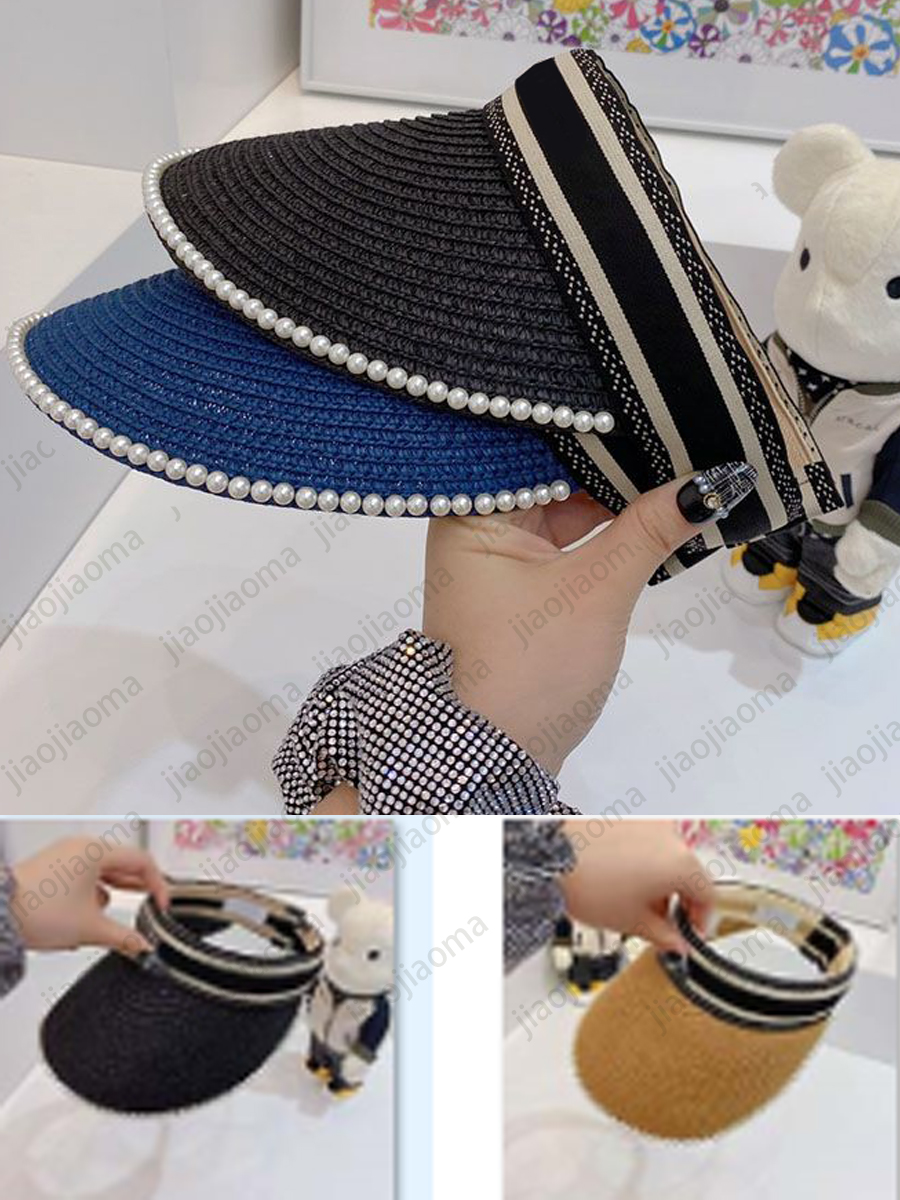 

Y9 Desingers Hat Caps Pearl Sun Protection Straw Hat High Quality Headless Headband Hat Baseball Top Sunshade Straw Empty Top Luxurys 13, Multi