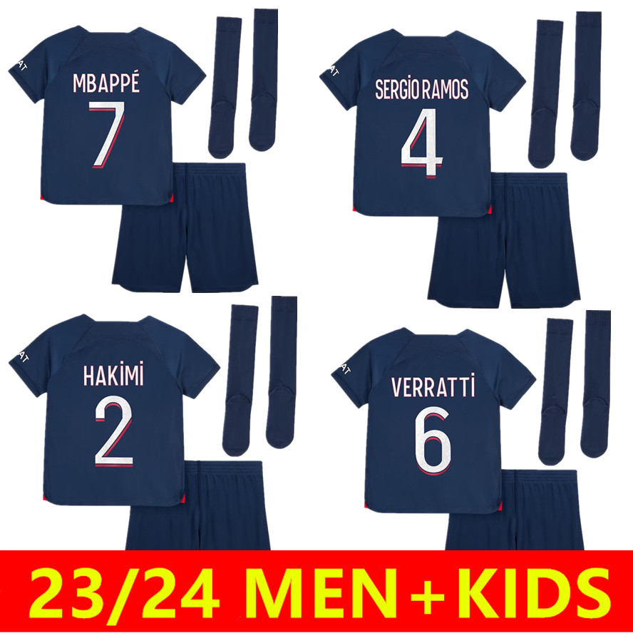 

kids 2023 2024 football kits MBAPPE soccer jerseys 23/24 home MARQUINHOS SERGIO RAMOS HAKIMI VERRATTI KIMPEMBE uniform Kids footbal kit, Kids 23/24 home
