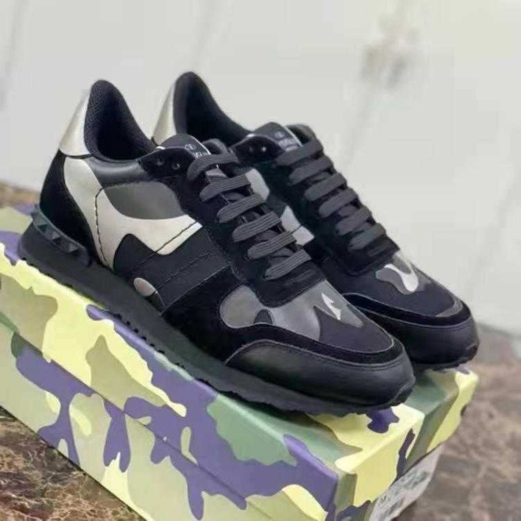 

With valentinoitys Sneakers Mens Shoes Studded Shoes Leather Trainers Fashion Camouflage Black Green Low-Top Lace Up Gif ZLT5