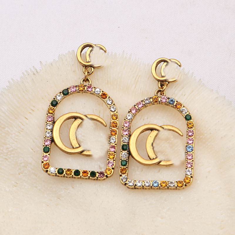 

Fashion 18K Gold Plated Luxury Brand Designers Letters Stud Clip Chain Geometric Colorful Crystal Rhinestone Pearl Earring for Women Wedding Party Jewerlry Gifts