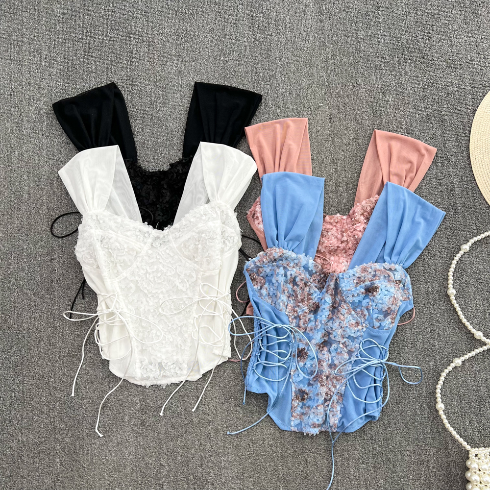 

Women's sexy gauze spaghetti strap lace floral bustier bandage slim waist tanks, Pink