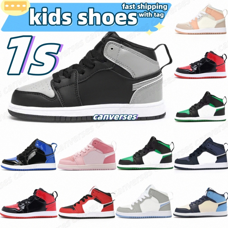 

kids shoes Jumpman 1s toddlers basketball Chicago Black Toe (GS) Patent Bred Green Toe size 26-35 HKDF#