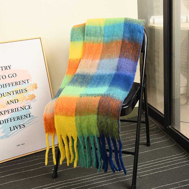 

Scarves Colorful Plaid Scarf Double-sided Rainbow Color Matching Brushed Cashmere Tassel Shawl for Women Ac Autumn and Winter WarmCXUK